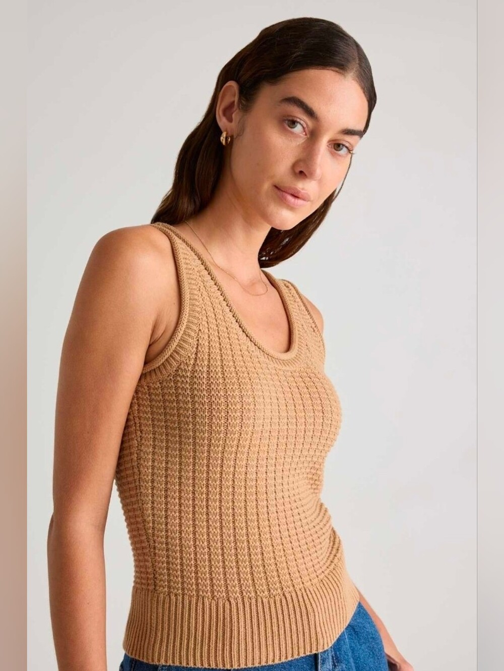 Quince 100% Organic Cotton Waffle Cropped Sweater Tank Camel M